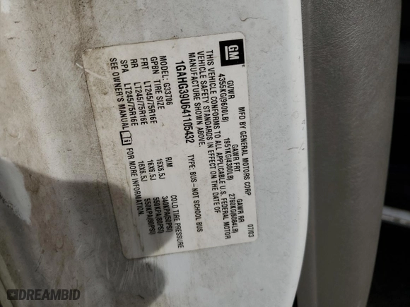 2004 Chevrolet Express Passenger with VIN 1GAHG39U641105432, listed as a Copart auction lot 46146655 with 333,066 mi miles and Salvage Title. Bid and sale history available at carsss.com. Image 12.