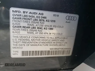 2019 Audi Q5 Premium Plus with VIN WA1BNAFY0K2066434, listed as a Copart auction lot 59843625 with 52,591 mi miles and Salvage title. Bid and sale history available at DreamBid. Image 14.