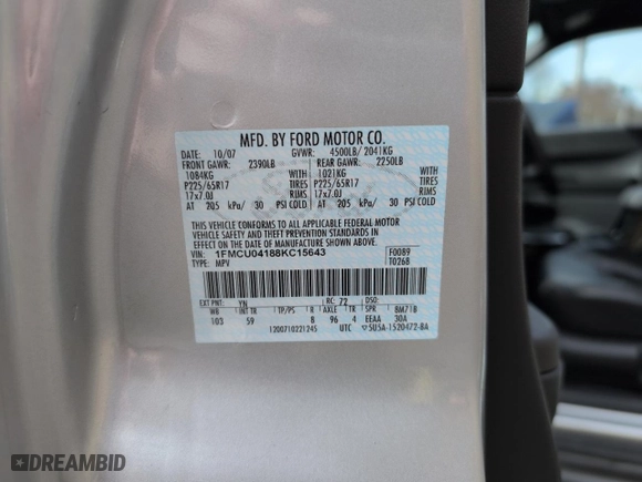 2008 Ford Escape Limited with VIN 1FMCU04188KC15643, listed as a Copart auction lot 50454075 with 66,542 mi miles and Clean Title. Bid and sale history available at carsss.com. Image 10.