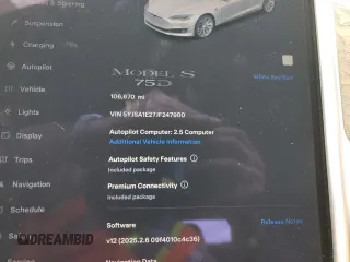 2018 Tesla Model S 75D z VIN 5YJSA1E27JF247900, wystawiony jako Copart lot #52014375 z przebiegiem 106 670 mil mil oraz Szkoda całkowita • Salvage title. Historia ofert i sprzedaży dostępna na DreamBid. Obrazek 9.