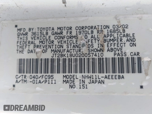 2002 Toyota Prius with VIN JT2BK18U020057410, listed as a IAAI auction lot 42162884 with 122,193 mi miles and . Bid and sale history available at DreamBid. Image 9.