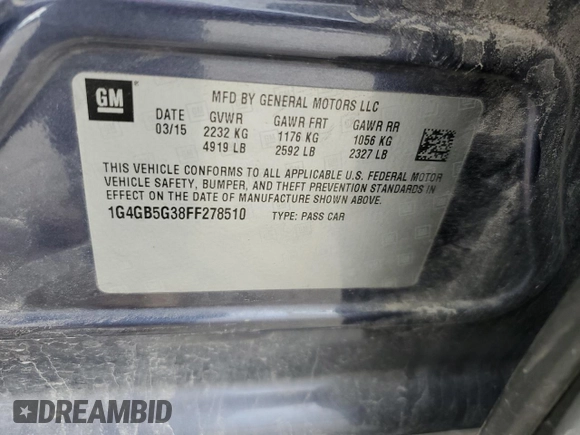 2015 Buick LaCrosse Leather with VIN 1G4GB5G38FF278510, listed as a Copart auction lot 52624855 with 96,030 mi miles and Salvage Title. Bid and sale history available at DreamBid. Image 12.