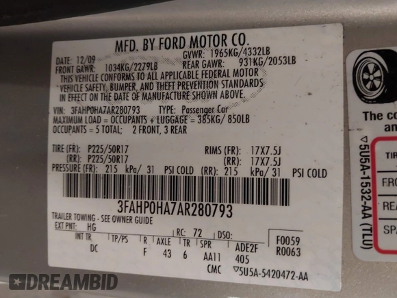 2010 Ford Fusion SE with VIN 3FAHP0HA7AR280793, listed as a IAAI auction lot 41450114 with 137,800 mi miles. Bid and sale history available at carsss.com. Image 9.