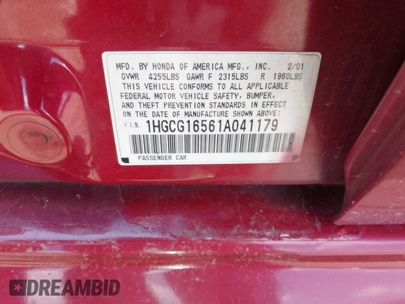 2001 Honda Accord EX с VIN 1HGCG16561A041179, выставлен на аукционе IAAI как лот 42256117 с пробегом 230 911 миль миль и . История ставок и продаж доступна на DreamBid. Изображение 9.