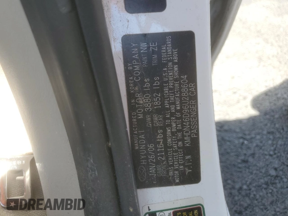 2006 Hyundai Elantra GLS with VIN KMHDN46D96U288604, listed as a Copart auction lot 58603915 with 92,518 mi miles and Salvage title. Bid and sale history available at DreamBid. Image 12.