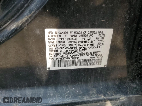 2008 Honda Ridgeline RTL with VIN 2HJYK16548H533610, listed as a Copart auction lot 59674165 with 255,565 mi miles and Clean title. Bid and sale history available at DreamBid. Image 12.