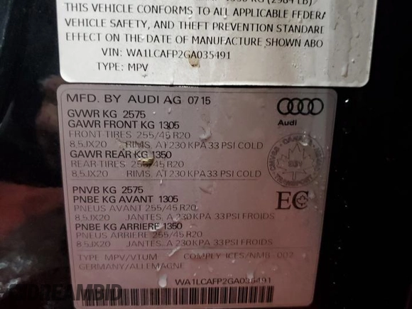 2016 Audi SQ5 3.0T Technik with VIN WA1LCAFP2GA035491, listed as a Copart auction lot 84615454 with 86,936 mi miles and Salvage Title. Bid and sale history available at carsss.com. Image 13.