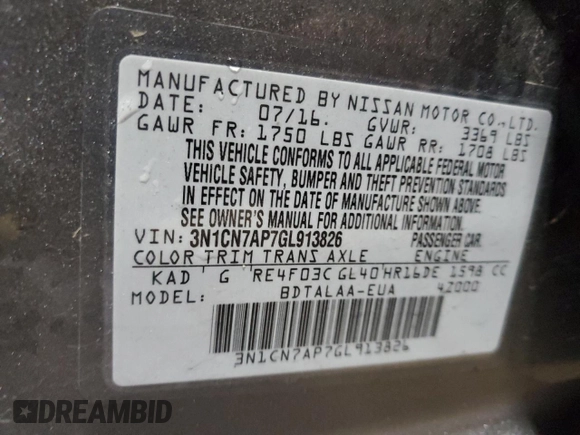 2016 Nissan Versa S with VIN 3N1CN7AP7GL913826, listed as a Copart auction lot 62987695 with 180,433 mi miles and Salvage title. Bid and sale history available at DreamBid. Image 12.