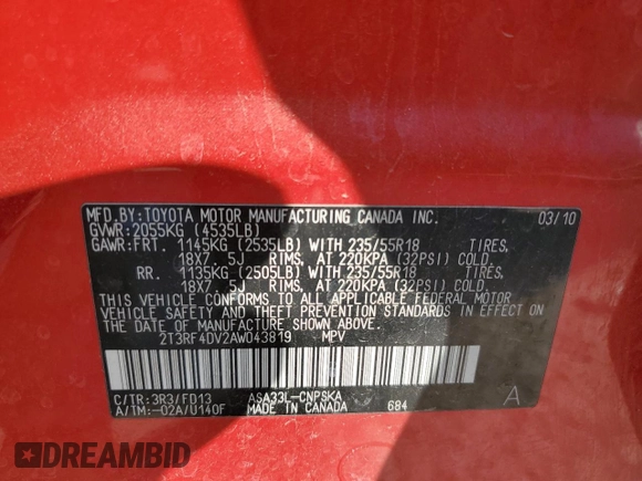 2010 Toyota RAV4 Sport with VIN 2T3RF4DV2AW043819, listed as a Copart auction lot 52753705 with 164,313 mi miles and Salvage Title. Bid and sale history available at carsss.com. Image 12.
