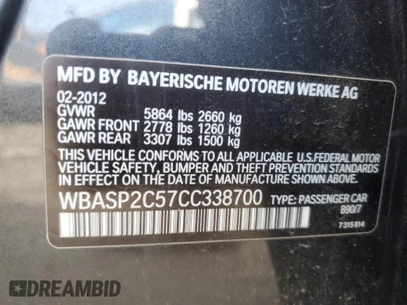 2012 BMW 5 Series GT 535i Gran Turismo xDrive with VIN WBASP2C57CC338700, listed as a Copart auction lot 88723705 with Not Provided miles and Salvage Title. Bid and sale history available at DreamBid. Image 12.