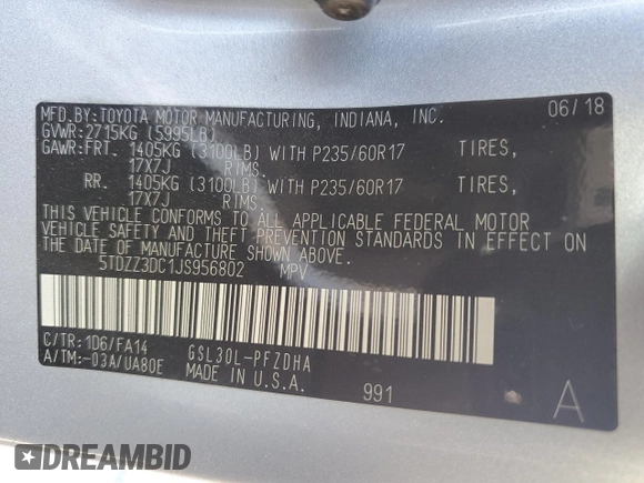 2018 Toyota Sienna L with VIN 5TDZZ3DC1JS956802, listed as a Copart auction lot 42245995 with 53,383 mi miles and Salvage Title. Bid and sale history available at DreamBid. Image 14.