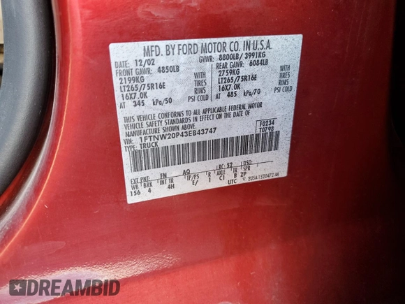 2003 Ford Super Duty F-250 XL with VIN 1FTNW20P43EB43747, listed as a Copart auction lot 88175035 with 0 mi miles and Salvage Title. Bid and sale history available at carsss.com. Image 12.