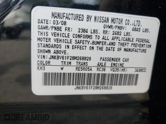 2008 Infiniti G35 x with VIN JNKBV61F28M268826, listed as a Copart auction lot 68120174 with 196,185 mi miles and Salvage Title. Bid and sale history available at DreamBid. Image 13.