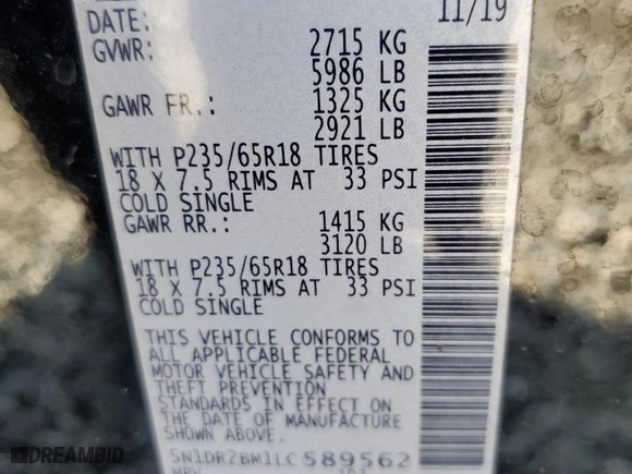 2020 Nissan Pathfinder SV with VIN 5N1DR2BM1LC589562, listed as a Copart auction lot 45484875 with 122,154 mi miles and Salvage Title. Bid and sale history available at carsss.com. Image 16.