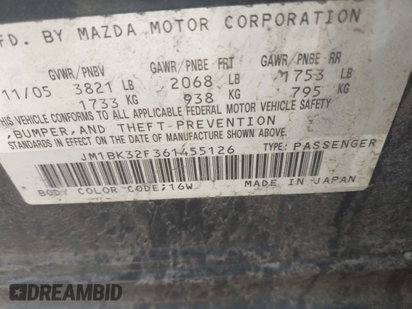 2006 Mazda 3 i Touring with VIN JM1BK32F361455126, listed as a IAAI auction lot 41777285 with 143,499 mi miles and . Bid and sale history available at DreamBid. Image 9.
