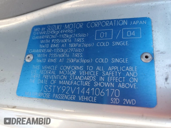 2004 Suzuki XL7 LX with VIN JS3TY92V144106170, listed as a Copart auction lot 87664535 with 116,349 mi miles and Salvage Title. Bid and sale history available at DreamBid. Image 13.