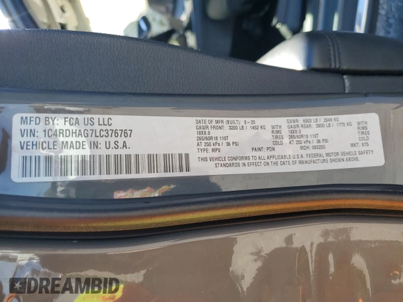 2020 Dodge Durango SXT with VIN 1C4RDHAG7LC376767, listed as a Copart auction lot 64243685 with 47,836 mi miles and Salvage title. Bid and sale history available at DreamBid. Image 13.