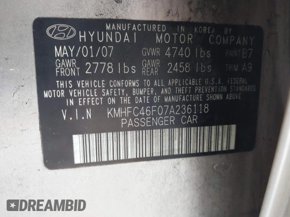 2007 Hyundai Azera SE with VIN KMHFC46F07A236118, listed as a IAAI auction lot 42717090 with 138,531 mi miles and . Bid and sale history available at DreamBid. Image 9.