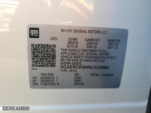 2022 Buick Enclave Premium with VIN 5GAERCKW4NJ124984, listed as a Copart auction lot 77551734 with 66,678 mi miles and Clean Title. Bid and sale history available at carsss.com. Image 13.