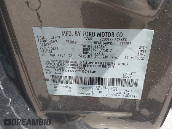 2007 Ford F-150 XLT z VIN 1FTPX14V27FB74536, wystawiony jako IAAI lot #42470263 z przebiegiem 73 536 mil mil oraz . Historia ofert i sprzedaży dostępna na DreamBid. Obrazek 9.