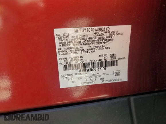 2013 Ford Taurus Limited with VIN 1FAHP2F80DG167100, listed as a Copart auction lot 57815055 with 198,364 mi miles and Salvage title. Bid and sale history available at DreamBid. Image 12.