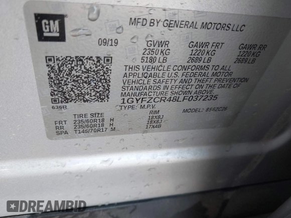 2020 Cadillac XT4 FWD Premium Luxury with VIN 1GYFZCR48LF037235, listed as a IAAI auction lot 41697080 with 88,211 mi miles and . Bid and sale history available at carsss.com. Image 9.
