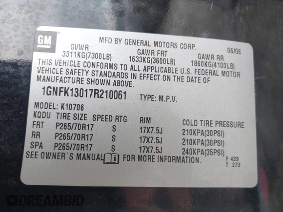 2007 Chevrolet Tahoe LT z VIN 1GNFK13017R210061, wystawiony jako IAAI lot #42256967 z przebiegiem Nie podano mil oraz . Historia ofert i sprzedaży dostępna na DreamBid. Obrazek 9.