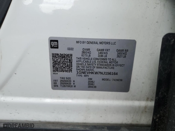 2022 Chevrolet Traverse LT Leather with VIN 1GNEVHKW7NJ156164, listed as a Copart auction lot 50160045 with 45,424 mi miles and Salvage Title. Bid and sale history available at carsss.com. Image 13.