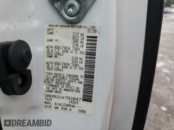2020 Nissan Frontier S with VIN 1N6ED0CE2LN703847, listed as a Copart auction lot 44043015 with 76,630 mi miles and Salvage title. Bid and sale history available at DreamBid. Image 14.