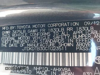 2012 Toyota Prius One with VIN JTDKDTB30C1023511, listed as a IAAI auction lot 42778754 with 168,321 mi miles and . Bid and sale history available at DreamBid. Image 9.
