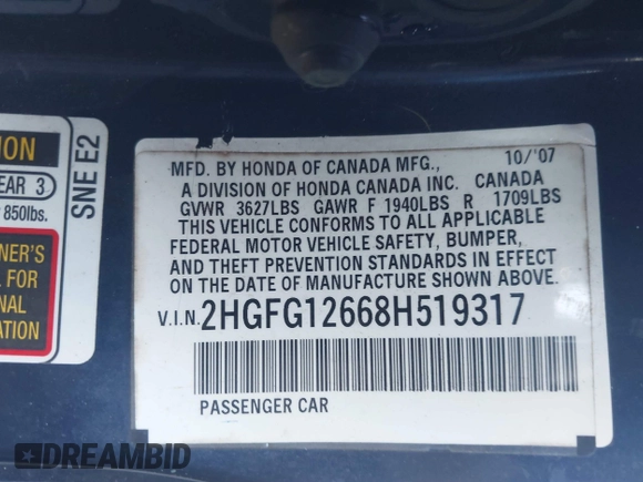 2008 Honda Civic Cpe LX with VIN 2HGFG12668H519317, listed as a IAAI auction lot 41693447 with 246,382 mi miles. Bid and sale history available at carsss.com. Image 9.