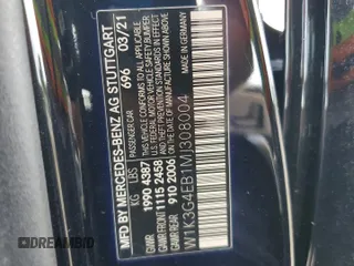 2021 Mercedes-Benz A 220 with VIN W1K3G4EB1MJ308004, listed as a Copart auction lot 59937905 with 43,733 mi miles and Salvage title. Bid and sale history available at DreamBid. Image 12.