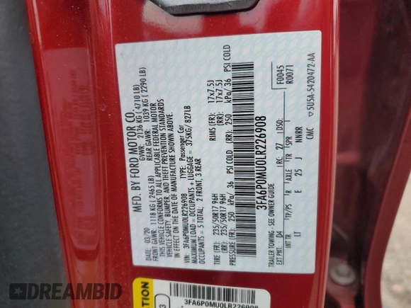 2020 Ford Fusion Hybrid SEL with VIN 3FA6P0MU0LR226908, listed as a Copart auction lot 82321034 with 48,721 mi miles and Salvage Title. Bid and sale history available at carsss.com. Image 12.