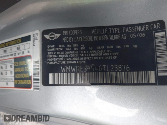 2006 MINI Hardtop S with VIN WMWRE33546TL23876, listed as a IAAI auction lot 41858060 with 146,359 mi miles and . Bid and sale history available at DreamBid. Image 9.