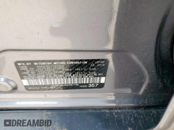 2016 Mitsubishi Outlander ES with VIN JA4AP3AUXGZ061746, listed as a Copart auction lot 59199125 with 137,294 mi miles and Clean title. Bid and sale history available at DreamBid. Image 13.