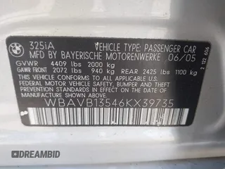 2006 BMW 3 Series 325i with VIN WBAVB13546KX39735, listed as a IAAI auction lot 42079598 with 86,449 mi miles and . Bid and sale history available at carsss.com. Image 9.