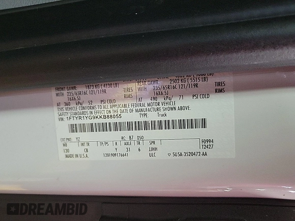 2019 Ford Transit with VIN 1FTYR1YG9KKB88055, listed as a IAAI auction lot 42785508 with 124,550 mi miles and . Bid and sale history available at DreamBid. Image 27.