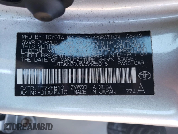 2012 Toyota Prius One with VIN JTDKN3DU8C5485018, listed as a Copart auction lot 42490045 with 56,279 mi miles and Salvage Title. Bid and sale history available at DreamBid. Image 12.