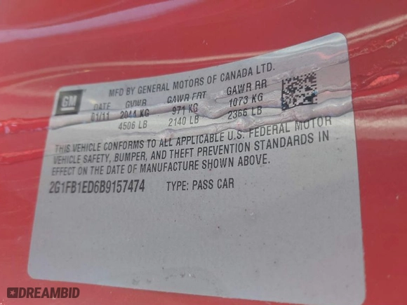 2011 Chevrolet Camaro 1LT with VIN 2G1FB1ED6B9157474, listed as a IAAI auction lot 41170400 with 182979 miles. Bid and sale history available at carsss.com. Image 9.