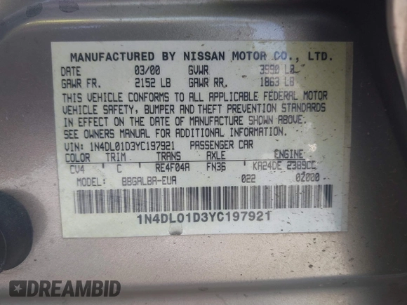 2000 Nissan Altima XE with VIN 1N4DL01D3YC197921, listed as a IAAI auction lot 41953585 with 84,233 mi miles and . Bid and sale history available at DreamBid. Image 9.