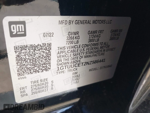 2022 GMC Sierra 1500 with VIN 1GTUUCET2NZ586441, listed as a IAAI auction lot 41957483 with 68,095 mi miles and . Bid and sale history available at DreamBid. Image 9.