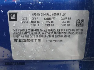 2013 Chevrolet Sonic LT with VIN 1G1JC6SB1D4171148, listed as a IAAI auction lot 41631280 with 147,874 mi miles. Bid and sale history available at carsss.com. Image 9.