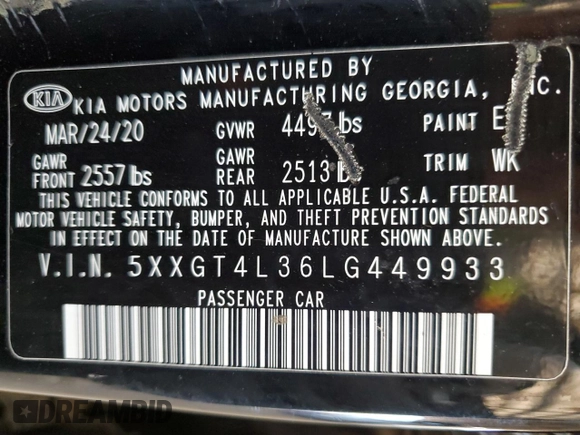 2020 Kia Optima LX with VIN 5XXGT4L36LG449933, listed as a Copart auction lot 53752425 with 133,053 mi miles and Clean Title. Bid and sale history available at carsss.com. Image 12.