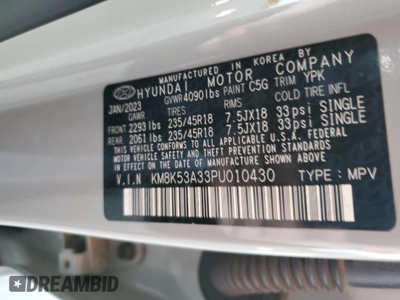 2023 Hyundai Kona Limited with VIN KM8K53A33PU010430, listed as a Copart auction lot 87010774 with 48,714 mi miles and Salvage Title. Bid and sale history available at carsss.com. Image 13.