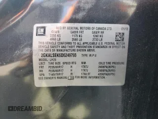 2013 GMC Terrain SLE z VIN 2GKALSEK6D6249793, wystawiony jako Copart lot #56352095 z przebiegiem 201 822 mil mil oraz Szkoda całkowita • Salvage title. Historia ofert i sprzedaży dostępna na DreamBid. Obrazek 13.