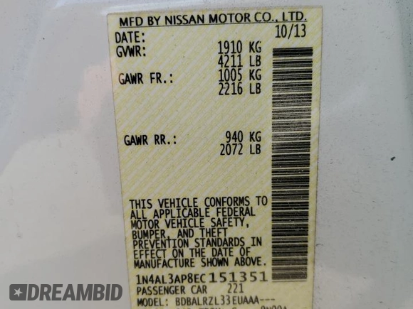 2014 Nissan Altima S with VIN 1N4AL3AP8EC151351, listed as a Copart auction lot 51567755 with 167,000 mi miles and Non Repairable. Bid and sale history available at DreamBid. Image 12.
