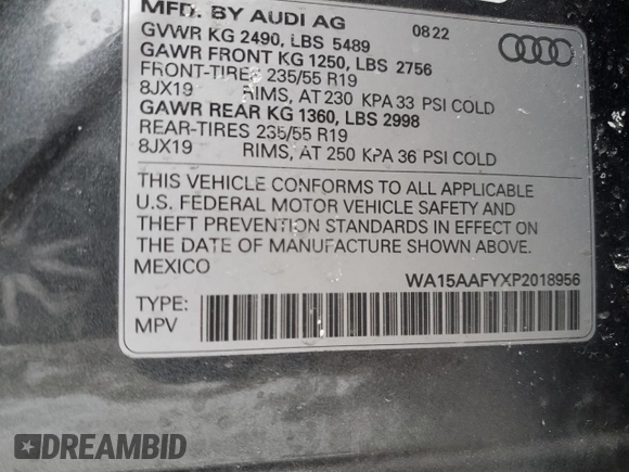 2023 Audi Q5 Sportback S line Premium Plus with VIN WA15AAFYXP2018956, listed as a Copart auction lot 41802925 with 22,132 mi miles and Salvage title. Bid and sale history available at DreamBid. Image 12.