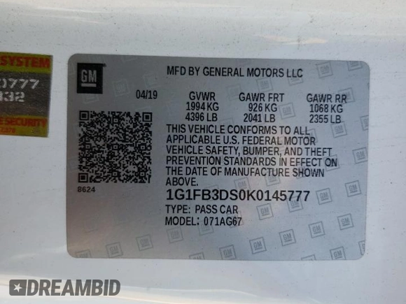 2019 Chevrolet Camaro 1LT z VIN 1G1FB3DS0K0145777, wystawiony jako Copart lot #54834595 z przebiegiem 68 533 mil mil oraz Szkoda całkowita • Salvage title. Historia ofert i sprzedaży dostępna na DreamBid. Obrazek 13.