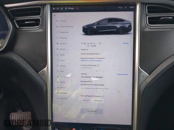 2016 Tesla Model X 70D with VIN 5YJXCAE27GF015175, listed as a IAAI auction lot 41074929 with 115,130 mi miles. Bid and sale history available at carsss.com. Image 7.