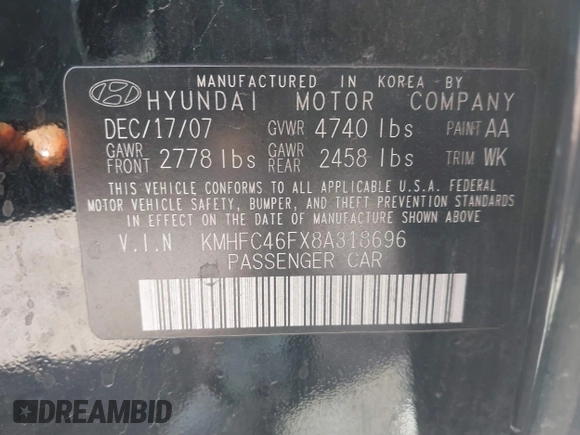 2008 Hyundai Azera Limited with VIN KMHFC46FX8A318696, listed as a IAAI auction lot 41911144 with 229,327 mi miles and . Bid and sale history available at DreamBid. Image 9.